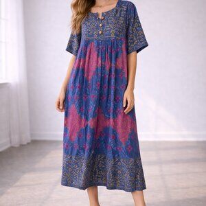 Sane Classics Boho Blue & Purple Printed Midi Dress 100% Cotton Size M